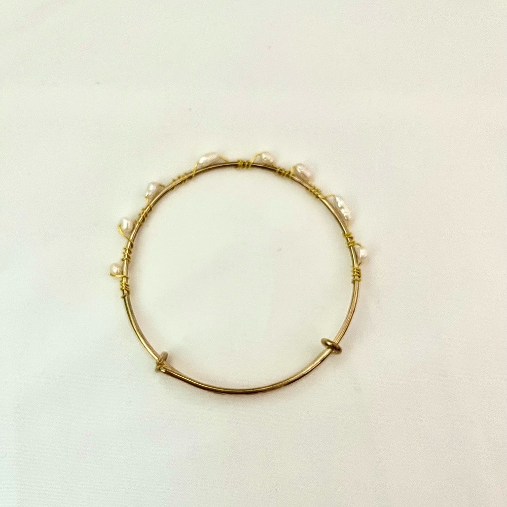 Gold Tone Bangle Bracelet  Genuine Wire Wrapped Delicate Pearls